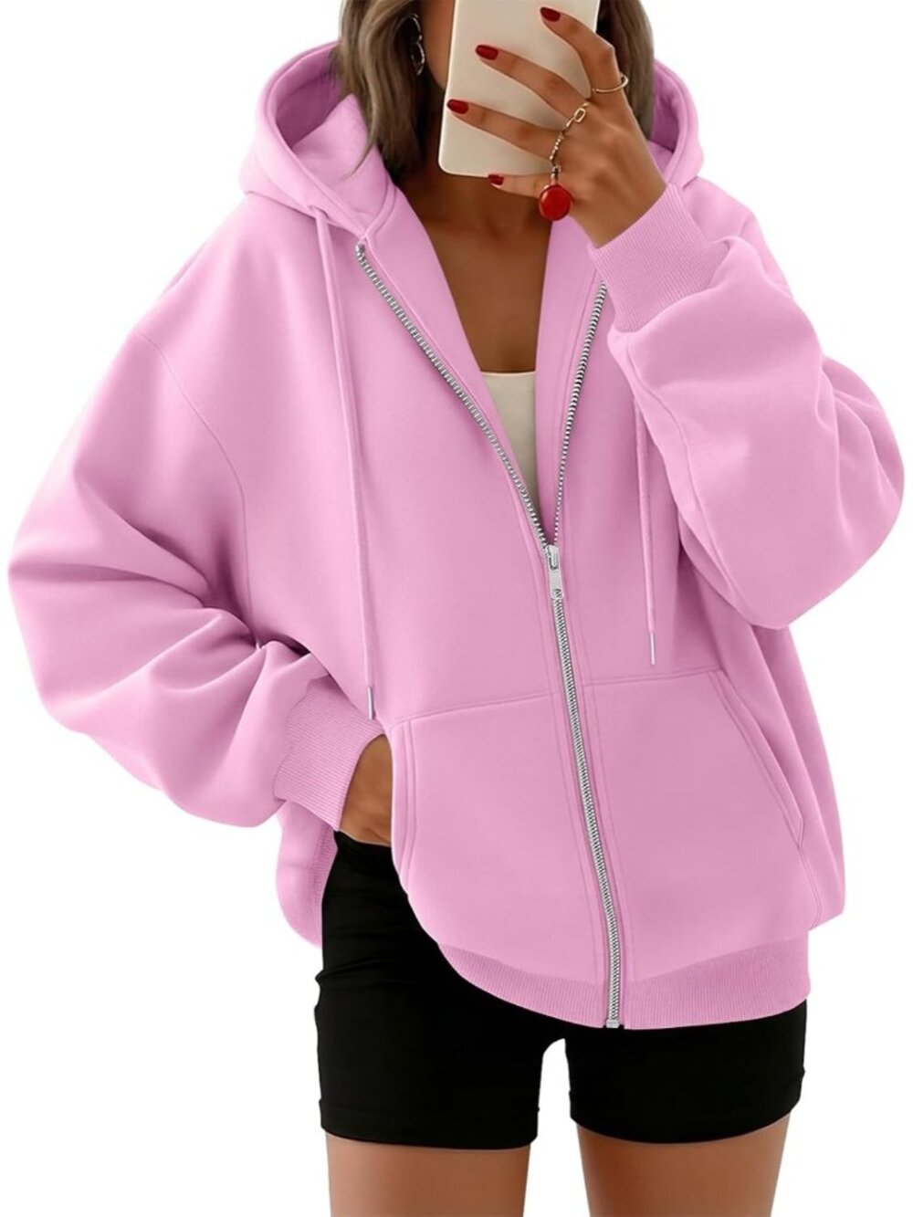 〽️Women's Pink Oversized Zip Up Hooded Neck Cute Lightweight Winter Sweatshirt